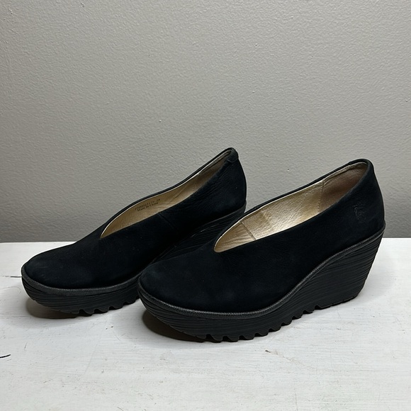 Fly London Yaz Black Leather Suede Chucky Wedge Heels Slip On Shoes EU 38 US 7 - Picture 10 of 12